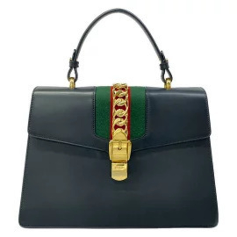 Gucci Sylvie Handbag Dark Navy Blue x Green Red Leather